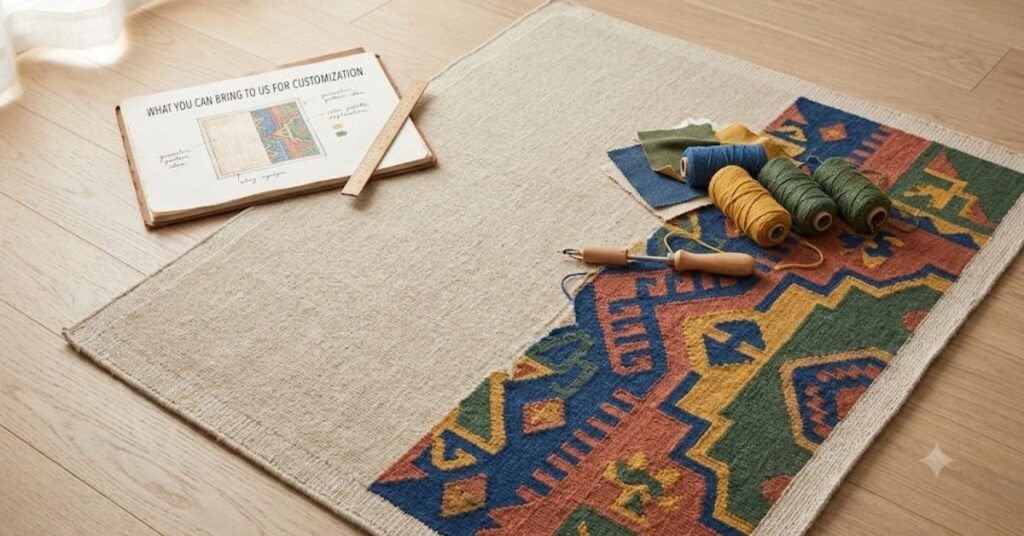 What can you customize in a custom rug: design, colors, and materials at Pile & Loop Pakistan